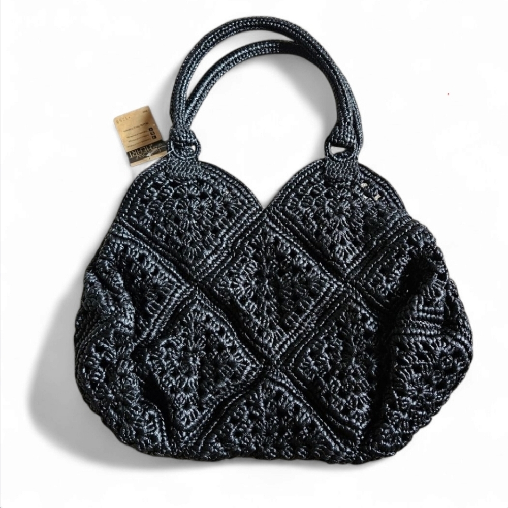 Bohemian Black Woven Straw Crochet Shoulder Bag/ Tote Bag/ Boho Bag
